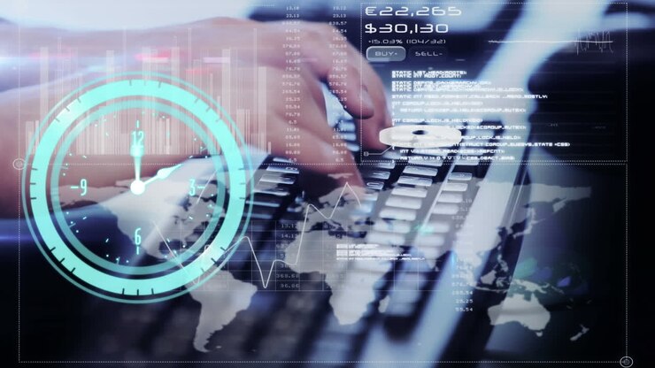 Animation of clock and statistics processing over man using computer