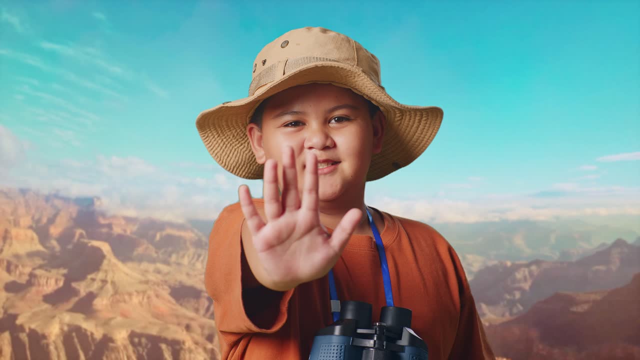 Asian Boy With A Hat And Binoculars Using The Magnifying Glass, Showing Hand No Gesture While Traveling At The Top Of Mountain. Boy Researcher, Travel Tourism Adventure, Close Up