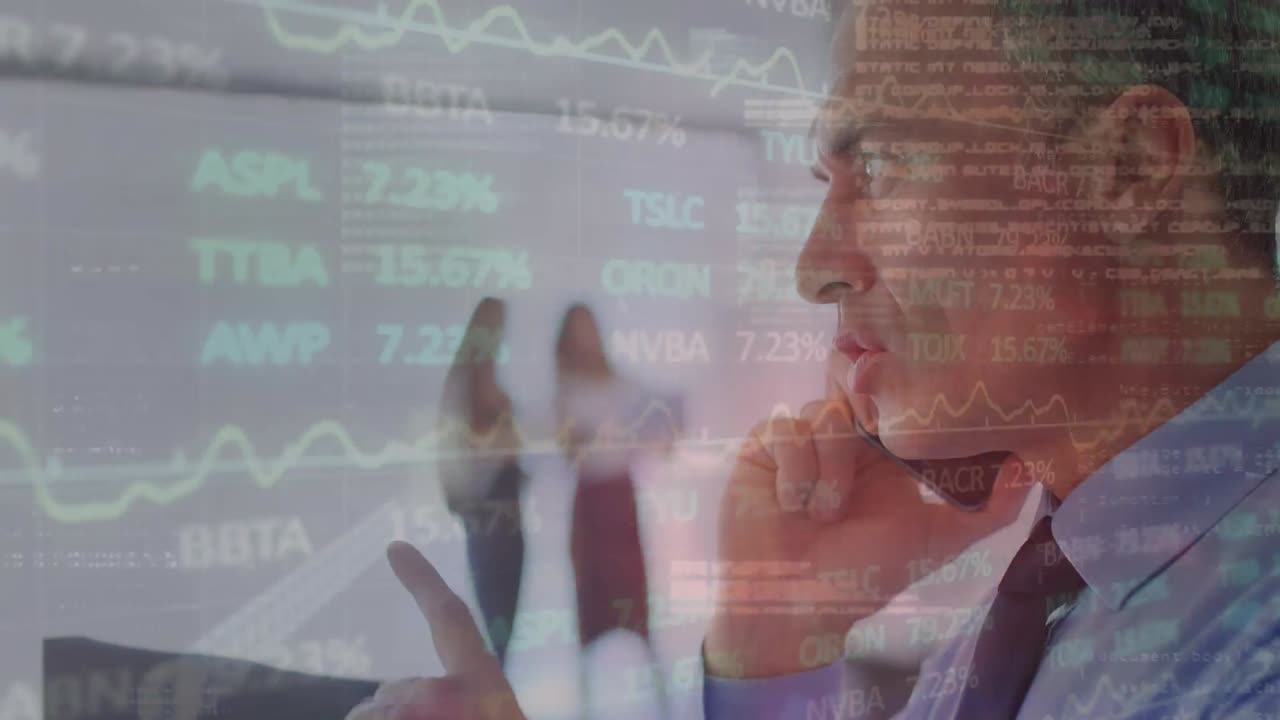 Animation of financial data processing and lightning over caucasian businessman using smartphone