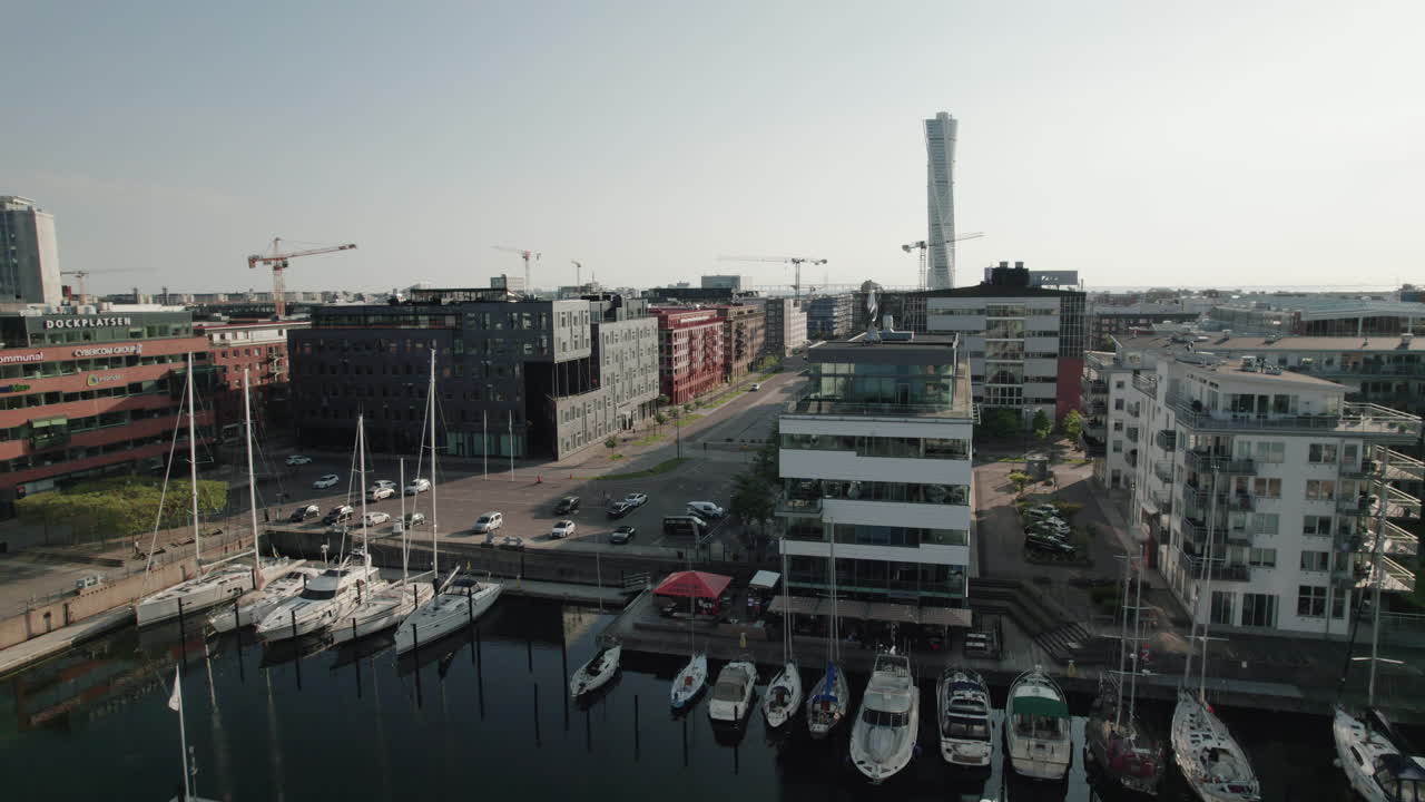 Calatrava skyscraper Turning Torso in Malmö. Sweden, aerial shot, rooftops