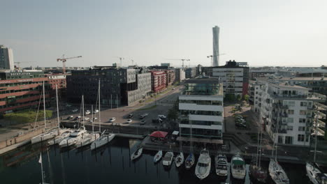 calatrava skyscraper turning torso in malmö. sweden, aerial shot, rooftops