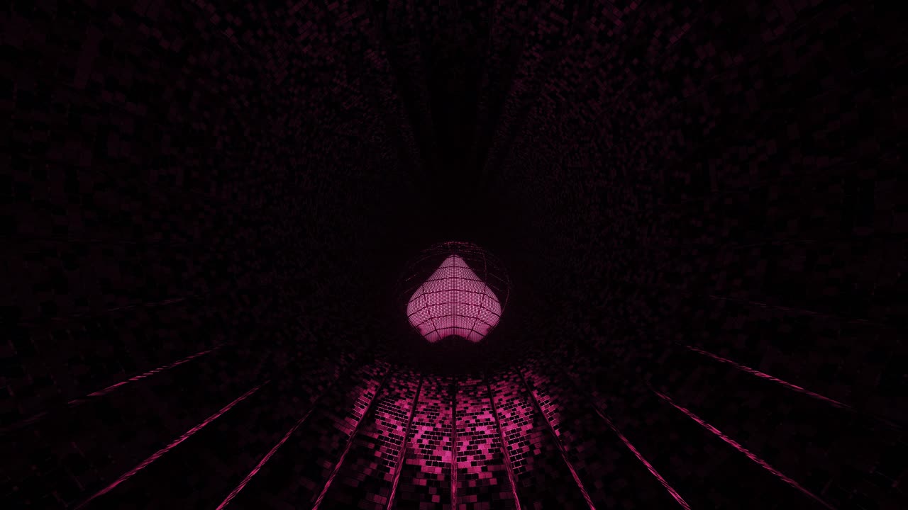 vj loop: corazón púrpura 3d rodando a lo largo de una superficie de túnel digital reflectante con líneas que desaparecen en la oscuridad