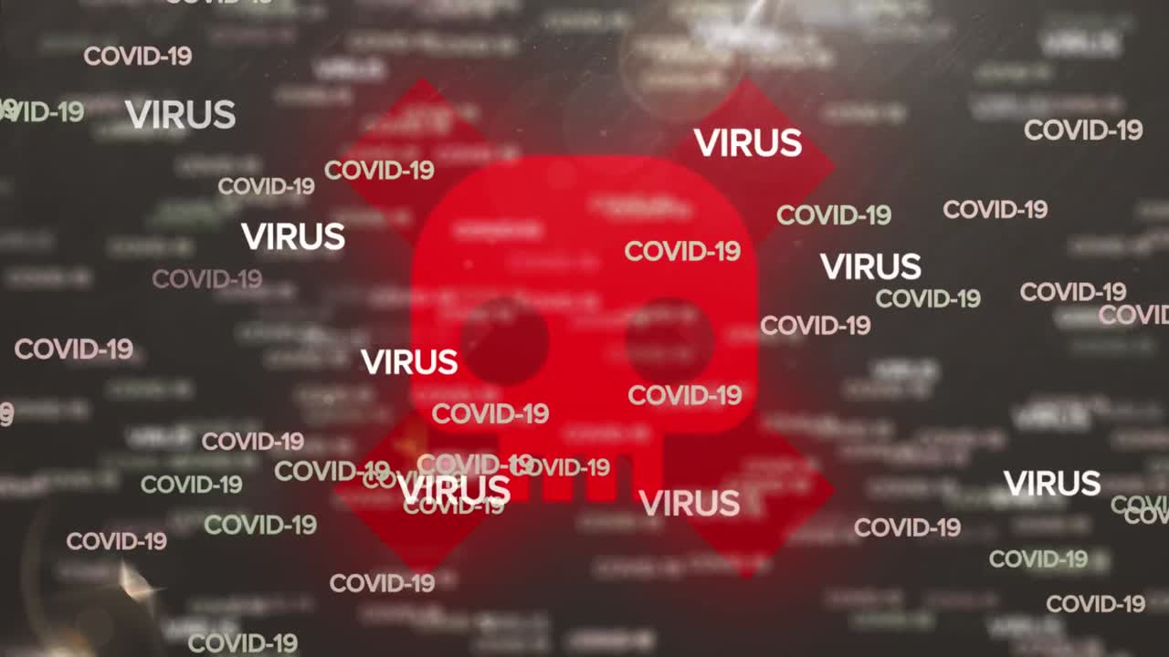 animación de una caída múltiple de texto de covid 19 sobre un signo de advertencia en fondo negro