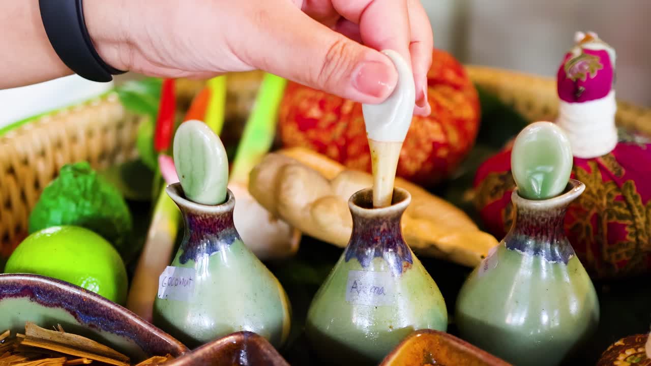A hand carefully pours oil into small decorative bottles surrounded by vibrant herbs and fruits.