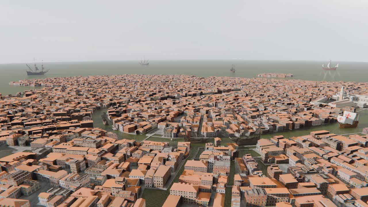 3D Animation showing a drone shot of the city of Venice with old sail boats in the distance