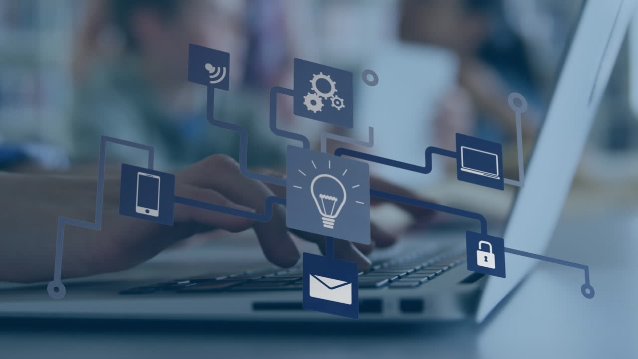 animación de una red de iconos digitales contra la sección media de un hombre que usa una computadora portátil en la oficina