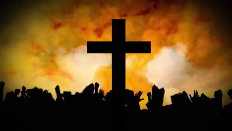 animation of christian cross over yellow clouds moving and silhouettes of people