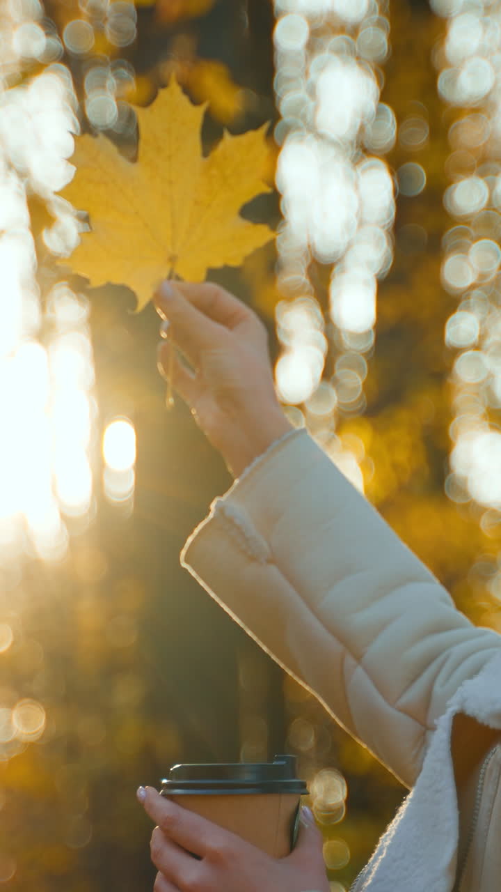 Long-haired woman in white jacket holding yellow maple tree leaf turning it in hand. Sunlight in the autumn park at backdrop in blur.