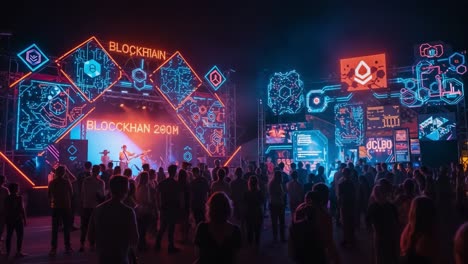 an electrifying blockchain event experience: engaging crowd and dynamic stage performances amidst neon lights and digital displays
