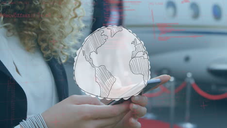 animación del globo y procesamiento de datos sobre una mujer de negocios que usa un teléfono inteligente