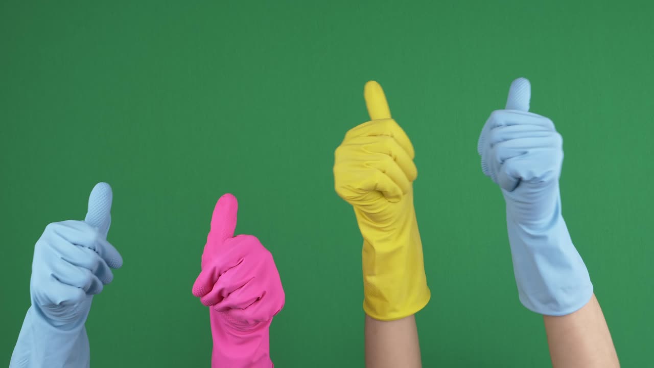 보호 고무 장갑을 착용 한 손은 크로마 키 녹색 화면 배경에 엄지손가락을 표시합니다.