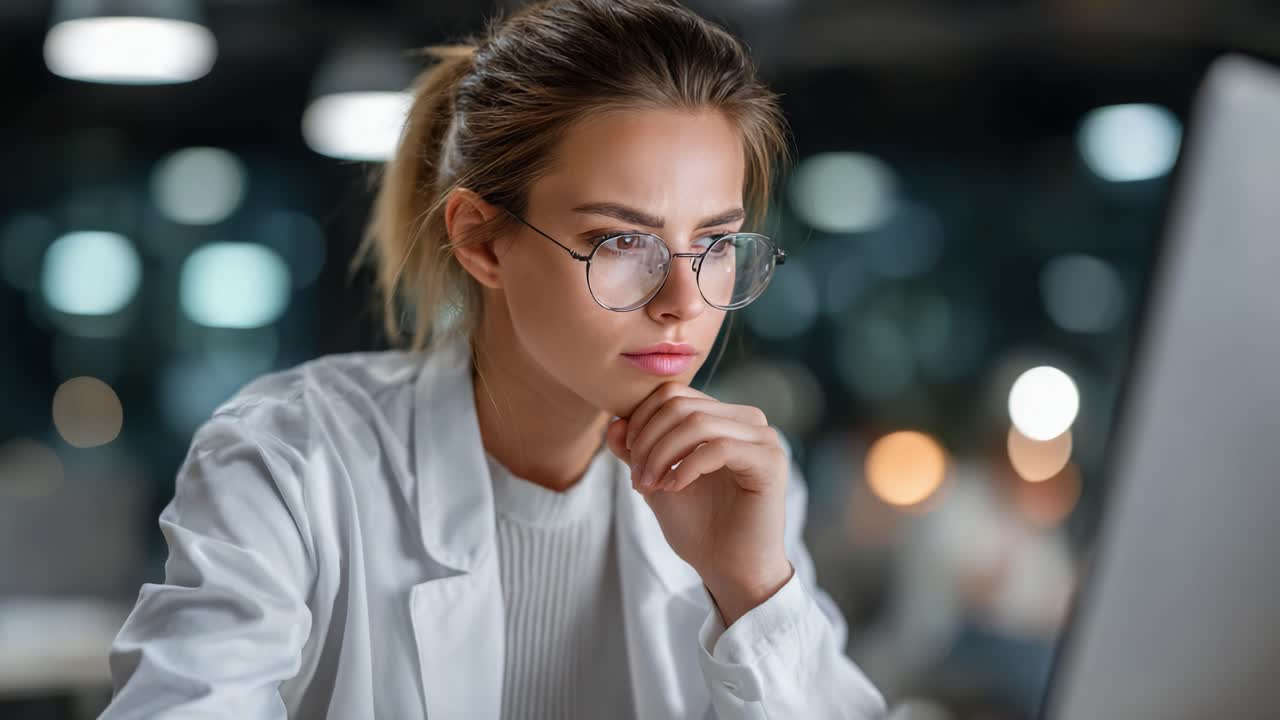 Focused Professional Analyzing Data in a Modern Workspace: A Close-Up of a Young Woman Deep in Thought, Surrounded by a Contemporary Office Atmosphere