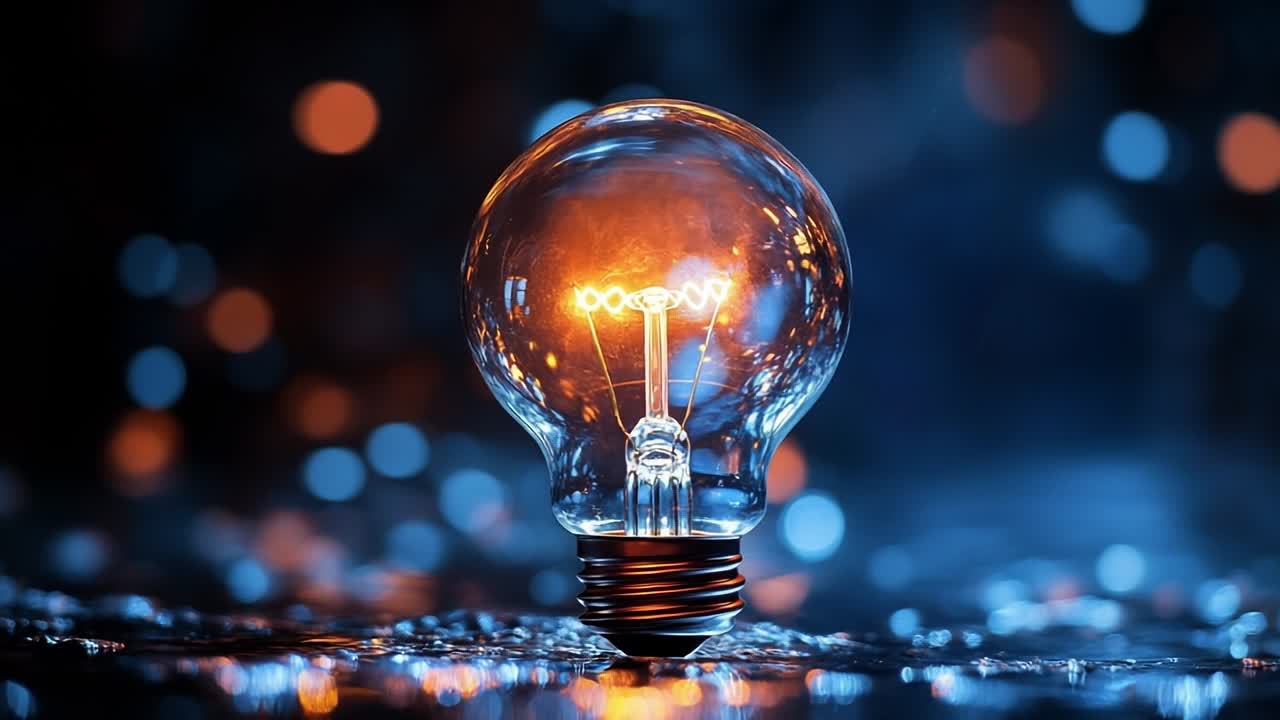 Glowing bulb in dark space. A glass light bulb emits a warm glow while surrounded by sparkling blue and orange bokeh lights in a dark setting.