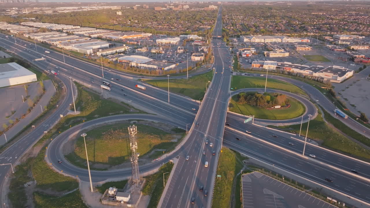Highway 401 Mississauga aerial view, slow-motion shot of traffic on the highway
