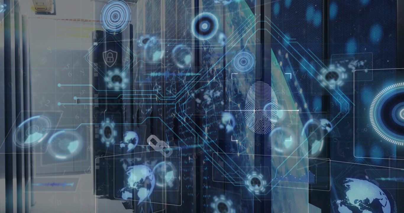 Animated global tech concept shows network connections and security over a cityscape.