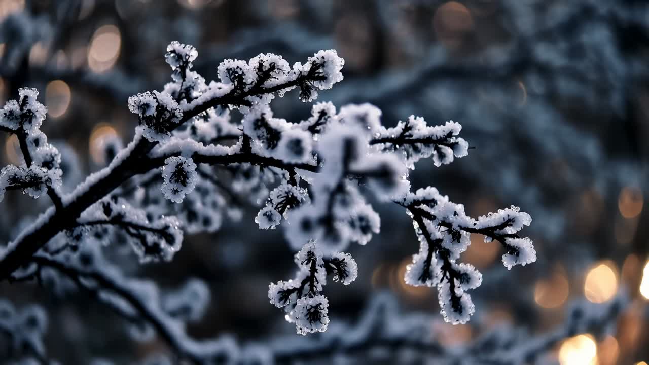 Holding frosted buds, twig centered while drifting flakes causing camera pulling focus, warm bokeh