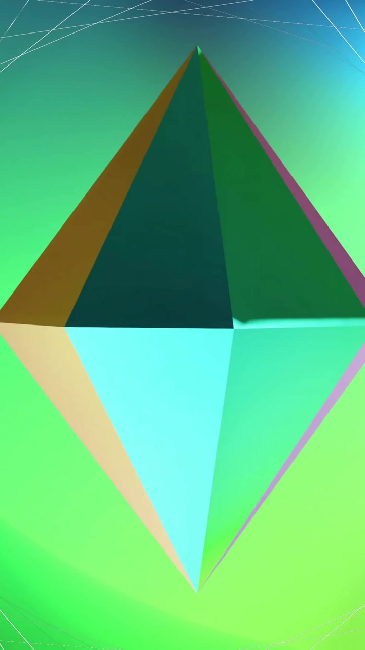 Animation of network structure over metallic 3d diamond rotating on soft green background