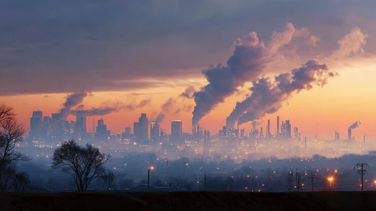 A captivating view of an industrial skyline at dusk, where smokestacks emit expansive plumes of smoke against a vibrant sunset backdrop, illuminating the surrounding landscape with an eerie glow