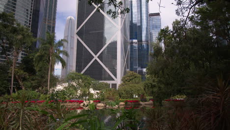 peaceful inner city park in hong kong viewing over modern buildings in central