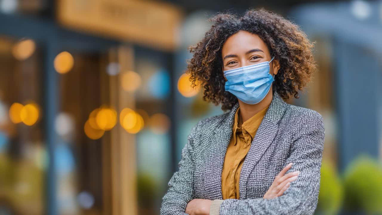 Cheerful woman wearing a mask smiles confidently while standing with crossed arms outside a stylish storefront, showcasing resilience and positivity amid new norms