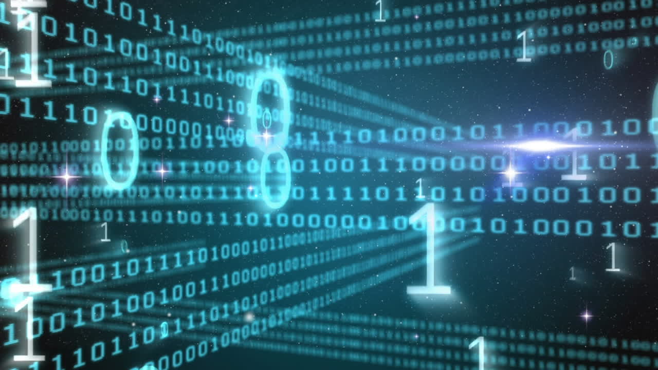 Animation of white shiny numbers floating over multiple lines of blue numbers