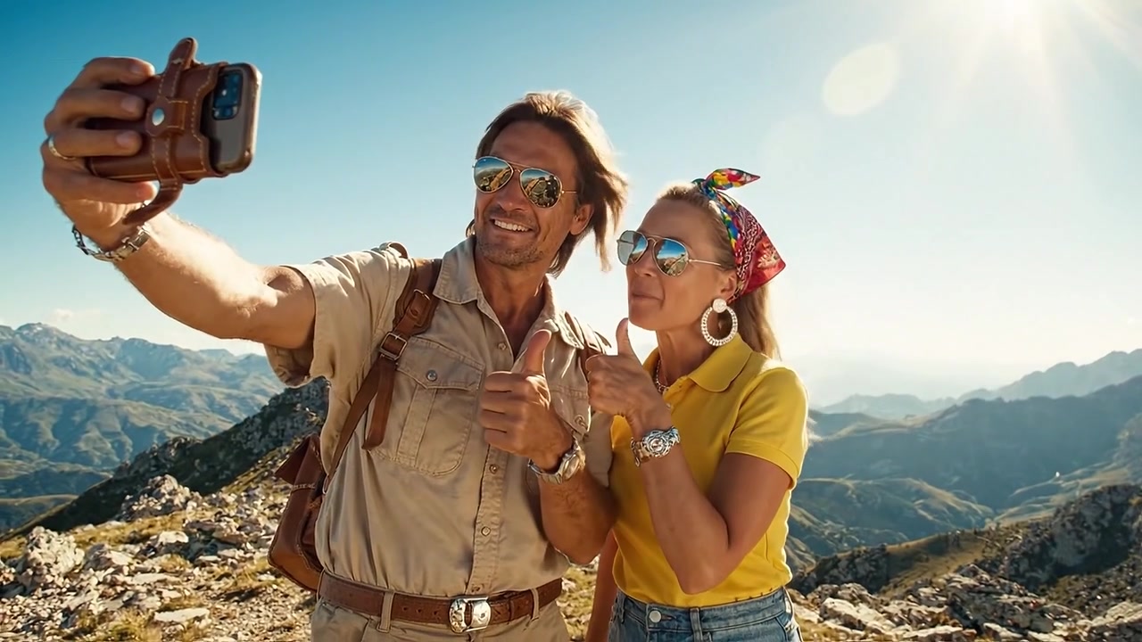 Avventura gioiosa: Una coppia cattura ricordi preziosi con un selfie in uno splendido paesaggio montano, celebrando il loro amore per i viaggi e l'esplorazione.