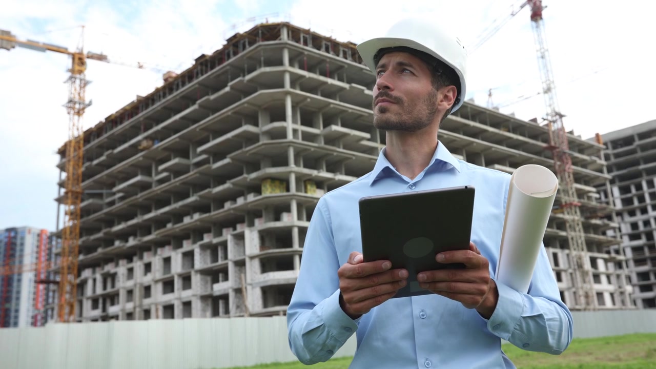 Ingeniero profesional usando una tablet en una obra