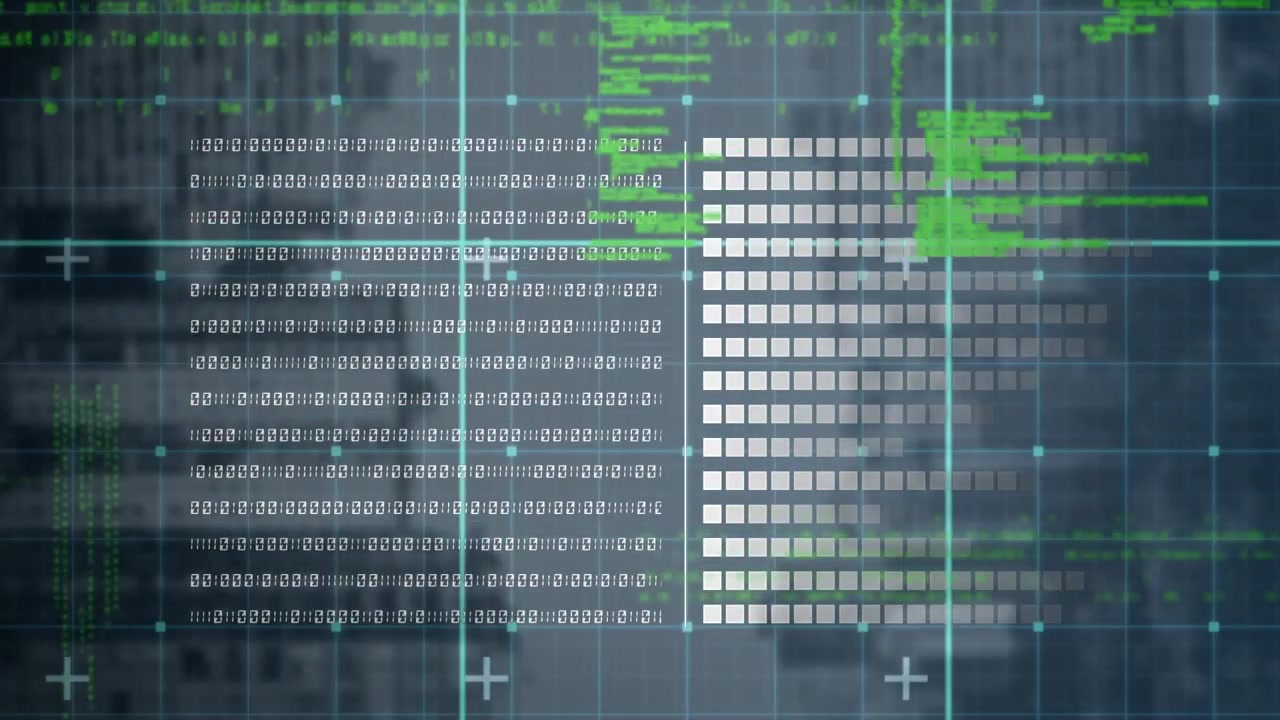 Animation of playback interface with lines of distortion over moving digital binary coding