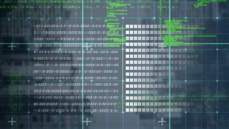 Animation of playback interface with lines of distortion over moving digital binary coding
