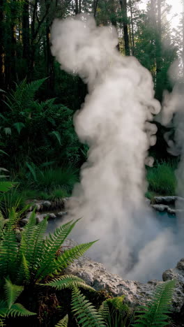 steam rising from a hot spring in a forest