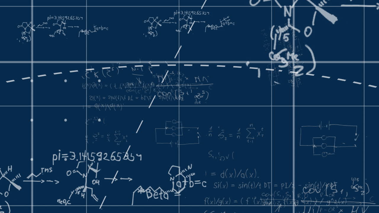 animación de líneas sobre patrón de cuadrícula y ecuaciones matemáticas y diagramas en fondo negro