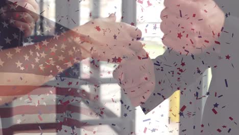 animation of confetti falling over american flag and businessman handshake