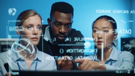 a diverse team collaborates intently at a digital workstation, analyzing data and innovating solutions using cutting-edge technology and interfaces
