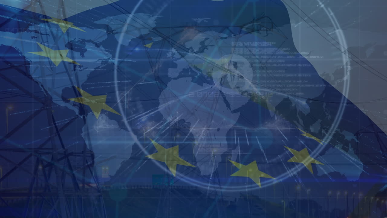 Animation of financial data and european union flag over world map and electricity pole at dusk