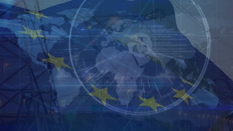 animation of financial data and european union flag over world map and electricity pole at dusk