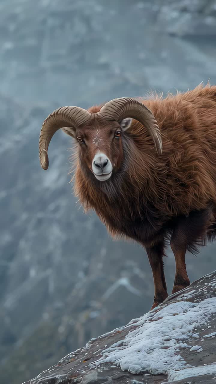 Vertical video: Shifting ram with spiral horns adjusting balance on snowy ledge after camera move