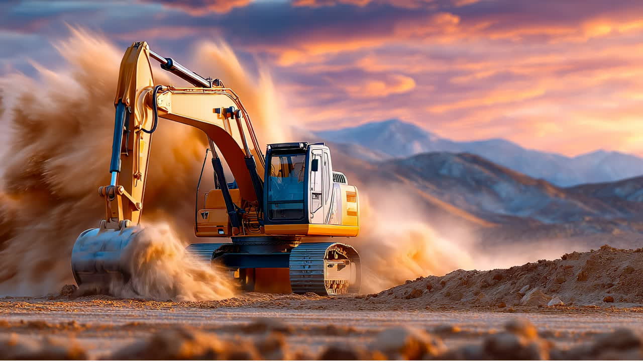 Construction machine working at sunset. A yellow excavator operates in a dusty landscape during a beautiful sunset, showcasing its powerful machinery in action
