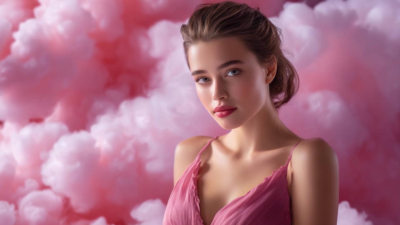 Ritratto accattivante di una donna tra nuvole rosa sognanti, che enfatizza lineamenti delicati, serenità e moda elegante in un'atmosfera raffinata ed eterea