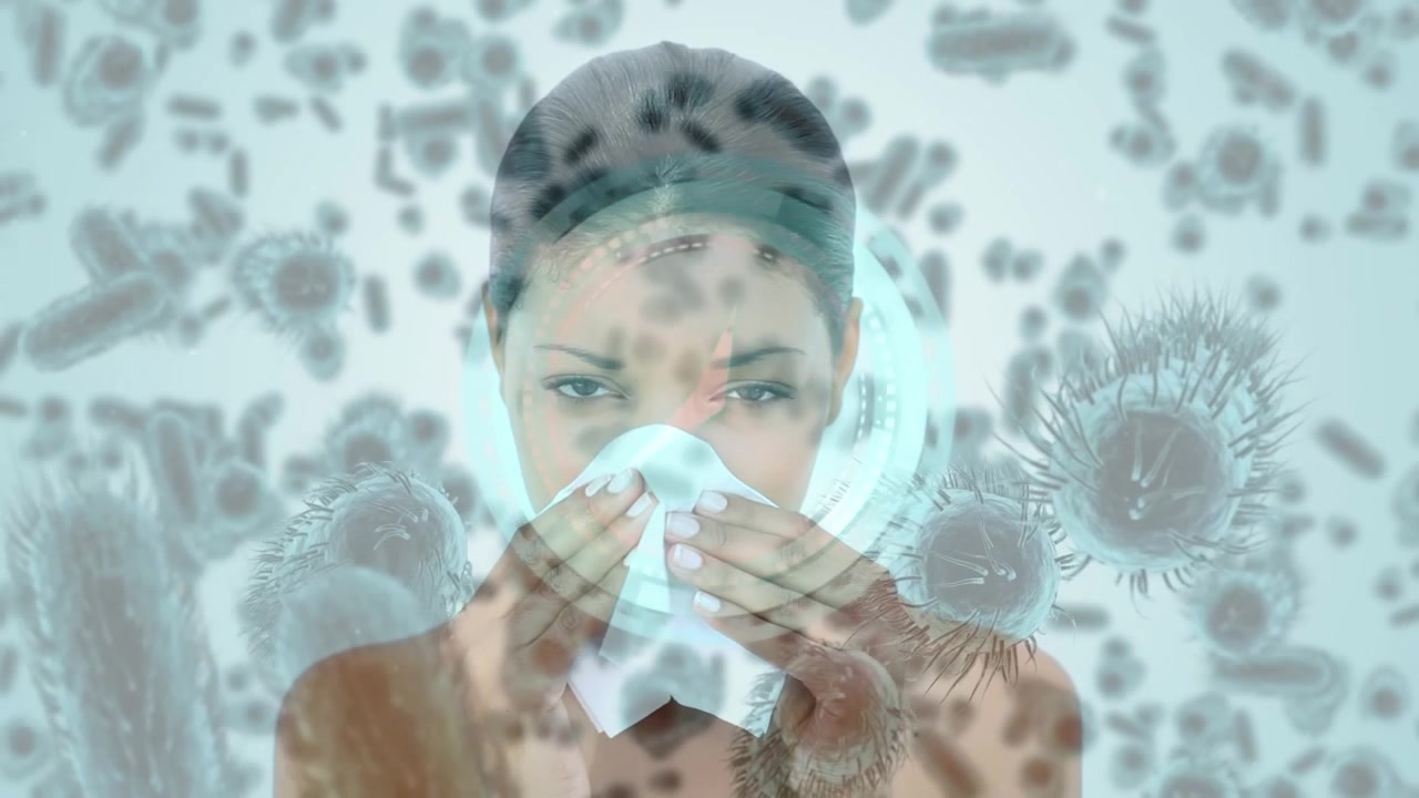 Animazione di cellule virali sopra una donna che starnutisce