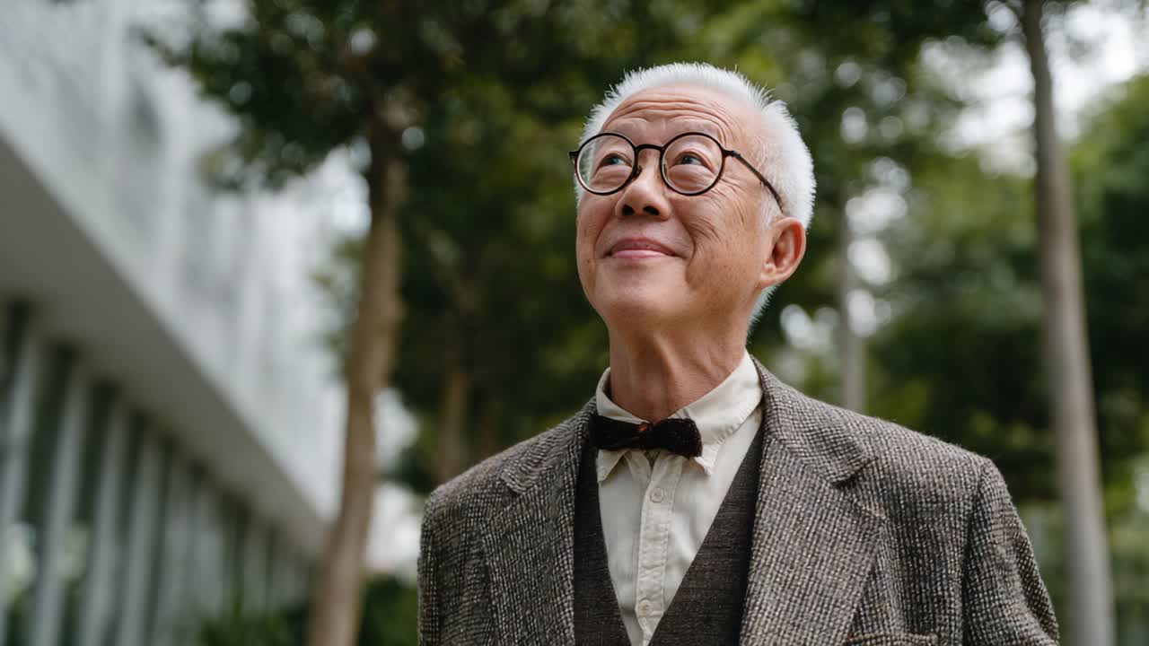 Contemplative Elderly Man in Stylish Attire Gazes Upward, Capturing the Essence of Wisdom and Curiosity Amidst a Serene Outdoor Setting