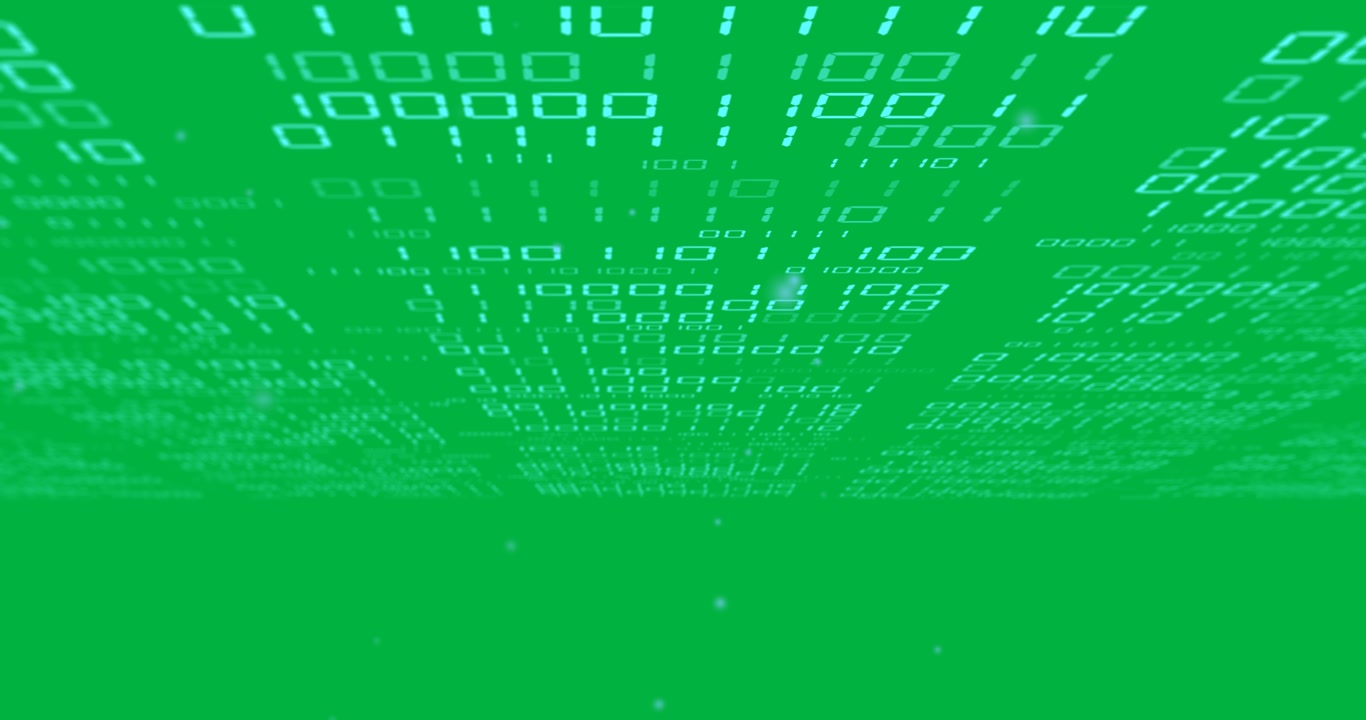 Animation of blue light spots and receding binary data processing on transparent background