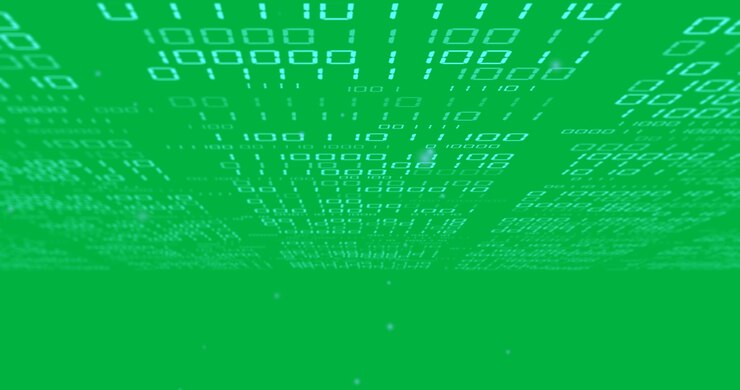 Animation of blue light spots and receding binary data processing on transparent background