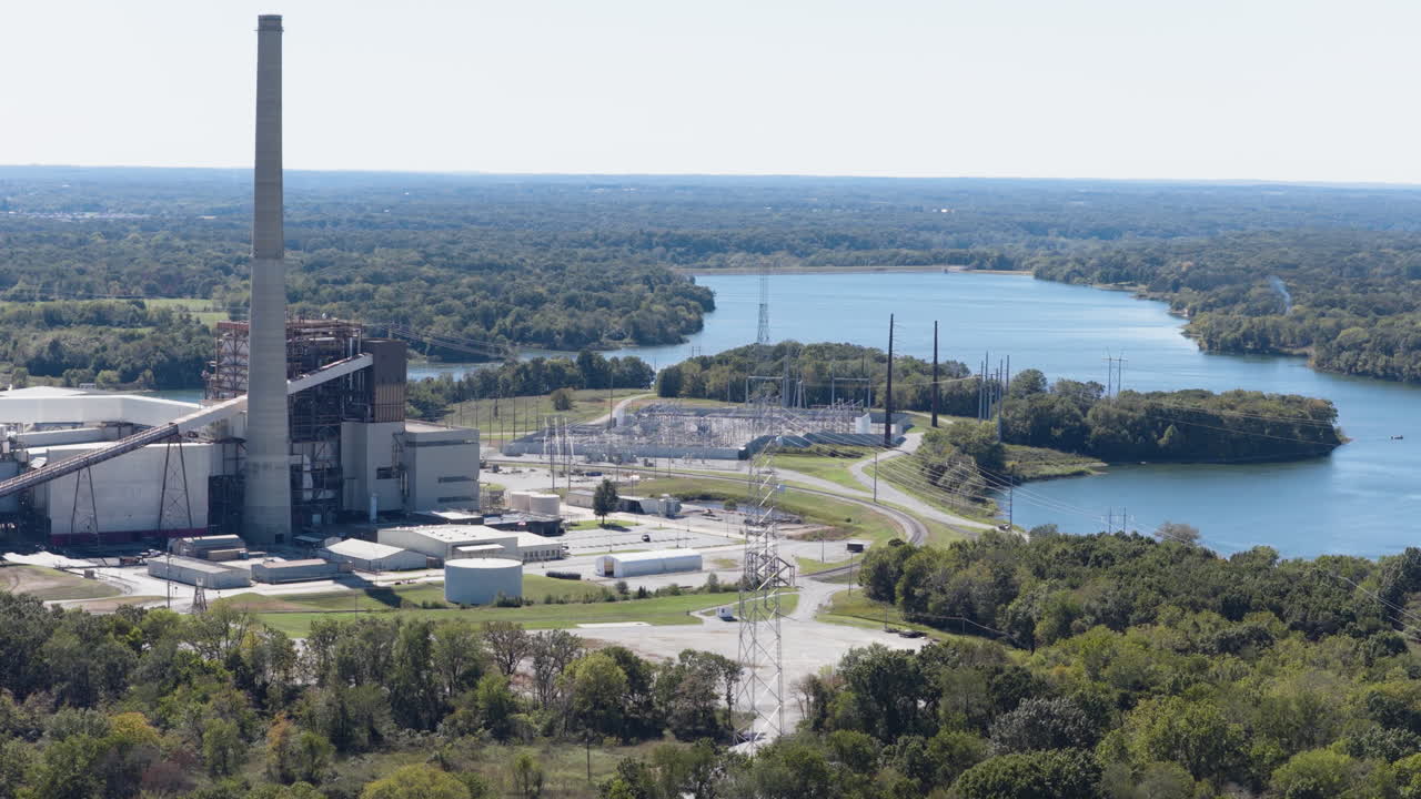 Forest Surroundings Of Flint Creek Power Plant Near Gentry In Benton County, Arkansas, United States. Aerial Drone Shot