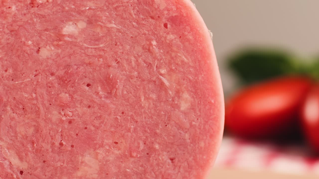 Ham italian mordatella, man Slices Of Traditional Italian antipasti mortadella sausage on a wooden cutting board, close up macro of chicken or turkey jamon, fat breakfast dish.