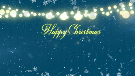 animation of snowflakes over happy chritmas text banner and fairy lights against blue background