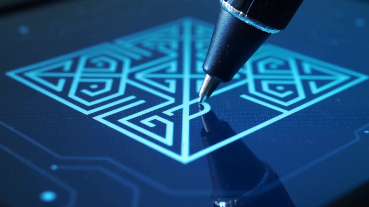 Hovering stylus tip touching tablet, drawing loop to trace cyan diamond pattern with reflection