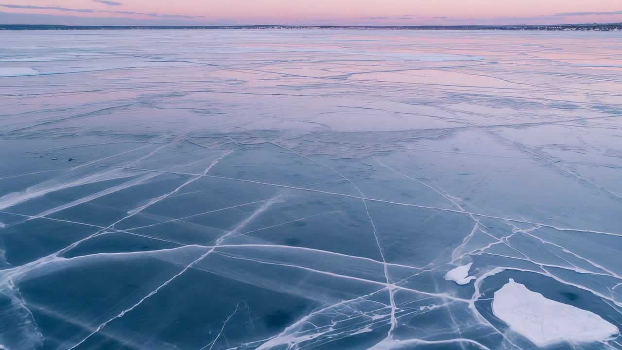 Gliding over frozen lake, aerial camera revealing cracks, snow patches, shoreline under pastel sky