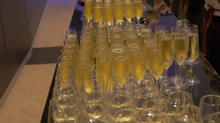 File di bicchieri da vino e champagne a un evento