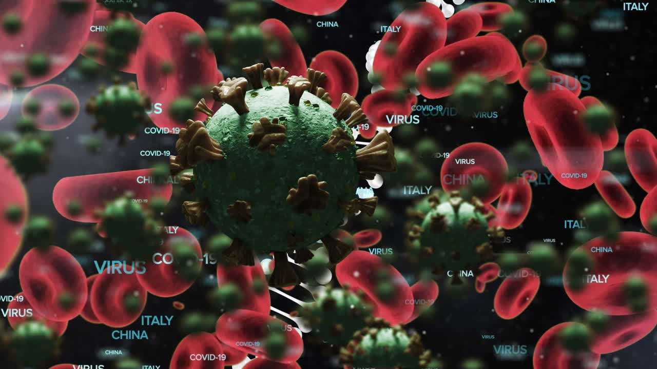 textos de concepto de covid-19 y estructura de adn girando sobre células de covid-19 contra un fondo negro