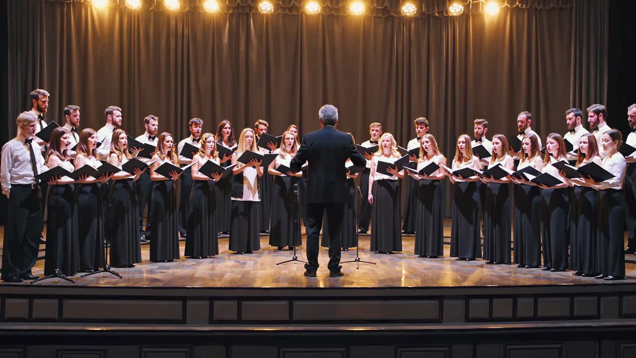 Wide-angle shot of a choir performing on stage, led by a conductor